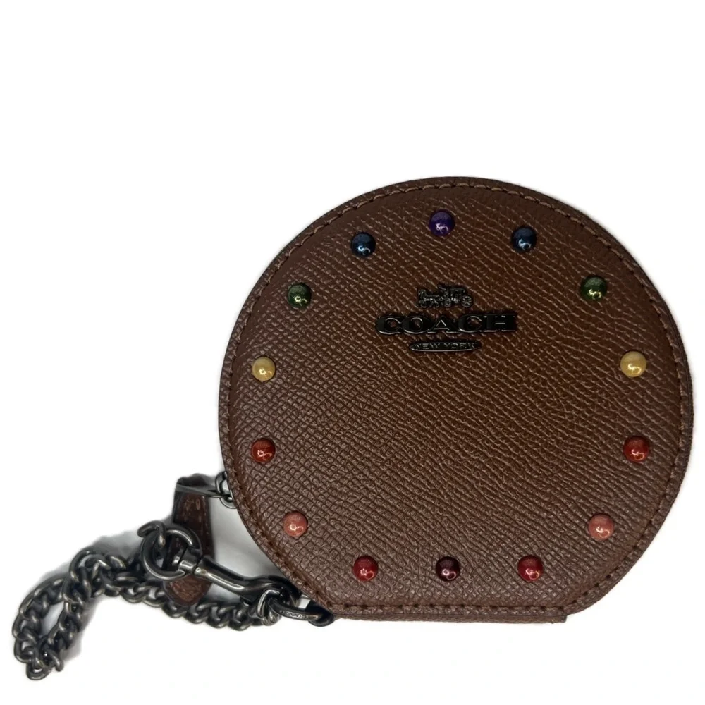 COACH ROUND COIN CASE RAINBOW RIVETS 
DARK SADDLE PRIDE ANTIQUE NICKEL F31574 - Picture 10 of 11